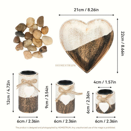 Wooden Candle Holder Set of 4 – Love Heart Tray, Tea Light Holder, Knot Bow Decoration & Decorative Stone Bowl for Home Decor, Valentine's Day, Christmas & Easter Gift