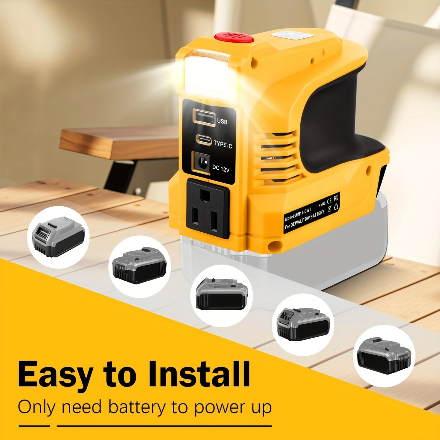 Power Inverter for DeWalt 20V Battery DC 20V to AC 110V 180W Portable Generator Adapter with AC Outlet USB-A USB-C for Camping Travel Power Outage