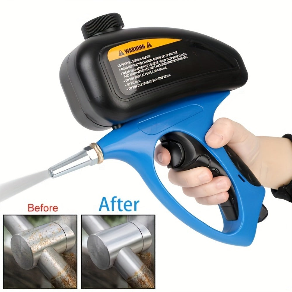 Sandblaster Gun for Air Compressor Pneumatic Abrasive Blasting – 90 PSI Max, 500ml Tank, Small Nozzle, for Metal Rust Removal, Glass Etching, Polishing & Auto Repair – Blue, Red & Yellow