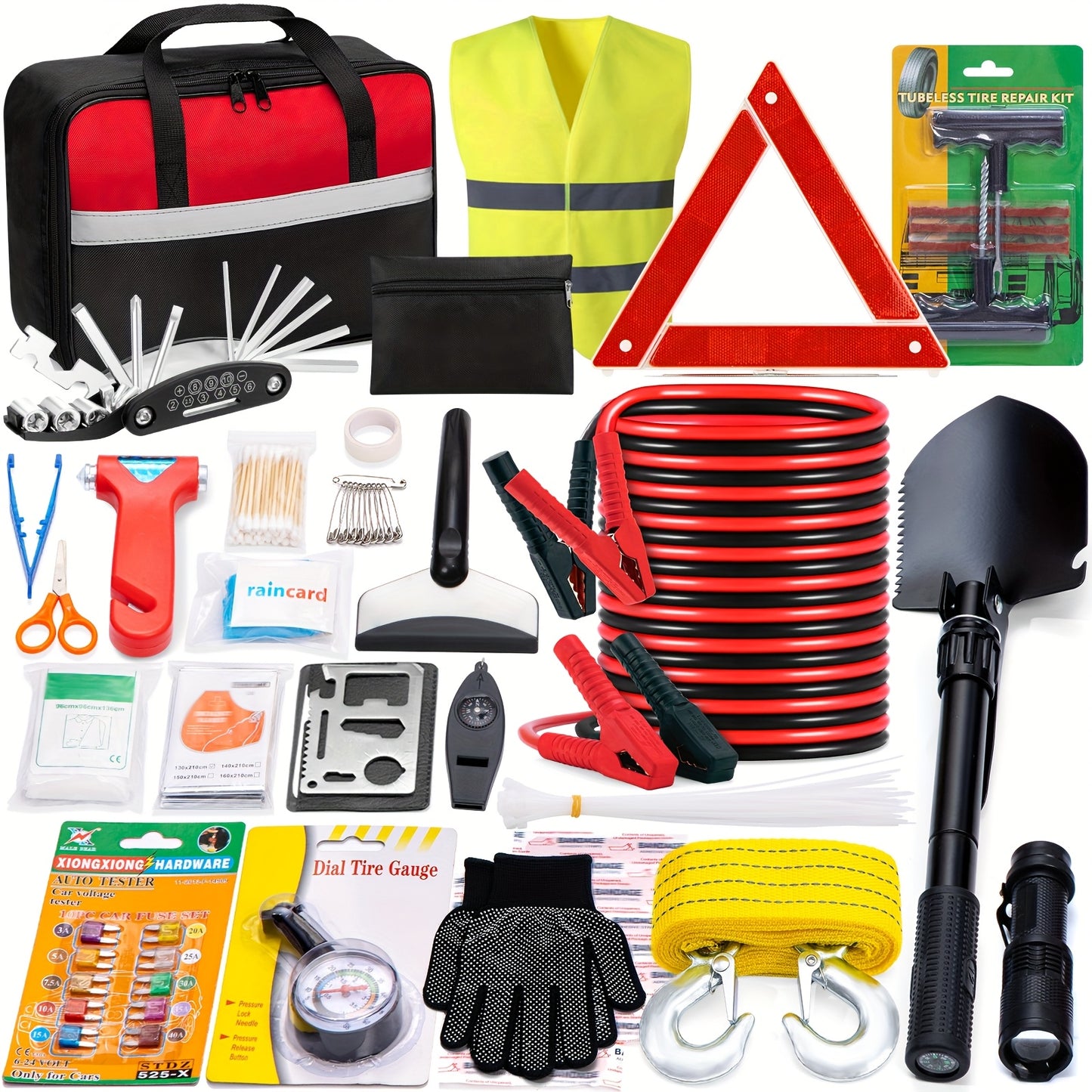 Car Roadside Emergency Kit with Jumper Cables, Towing Rope & Multifunctional Shovel – Complete Vehicle Safety Kit for Cars, Trucks & SUVs, Essential Road Trip & Winter Car Gift