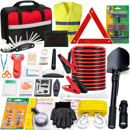 Car Roadside Emergency Kit with Jumper Cables, Towing Rope & Multifunctional Shovel – Complete Vehicle Safety Kit for Cars, Trucks & SUVs, Essential Road Trip & Winter Car Gift