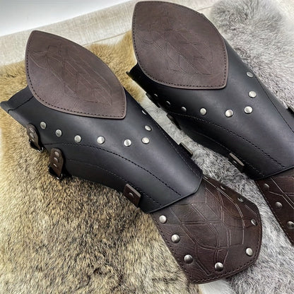 Costume Accessories 2-Piece Embossed Faux Leather Arm Guards with Buckle Straps in Black for Themed Events
