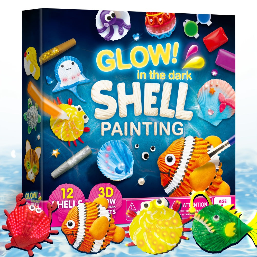 Seashell Painting Craft Kit with 12 Shell Forms, Glow-Labeled Paints, Brushes, Gems and Stickers
