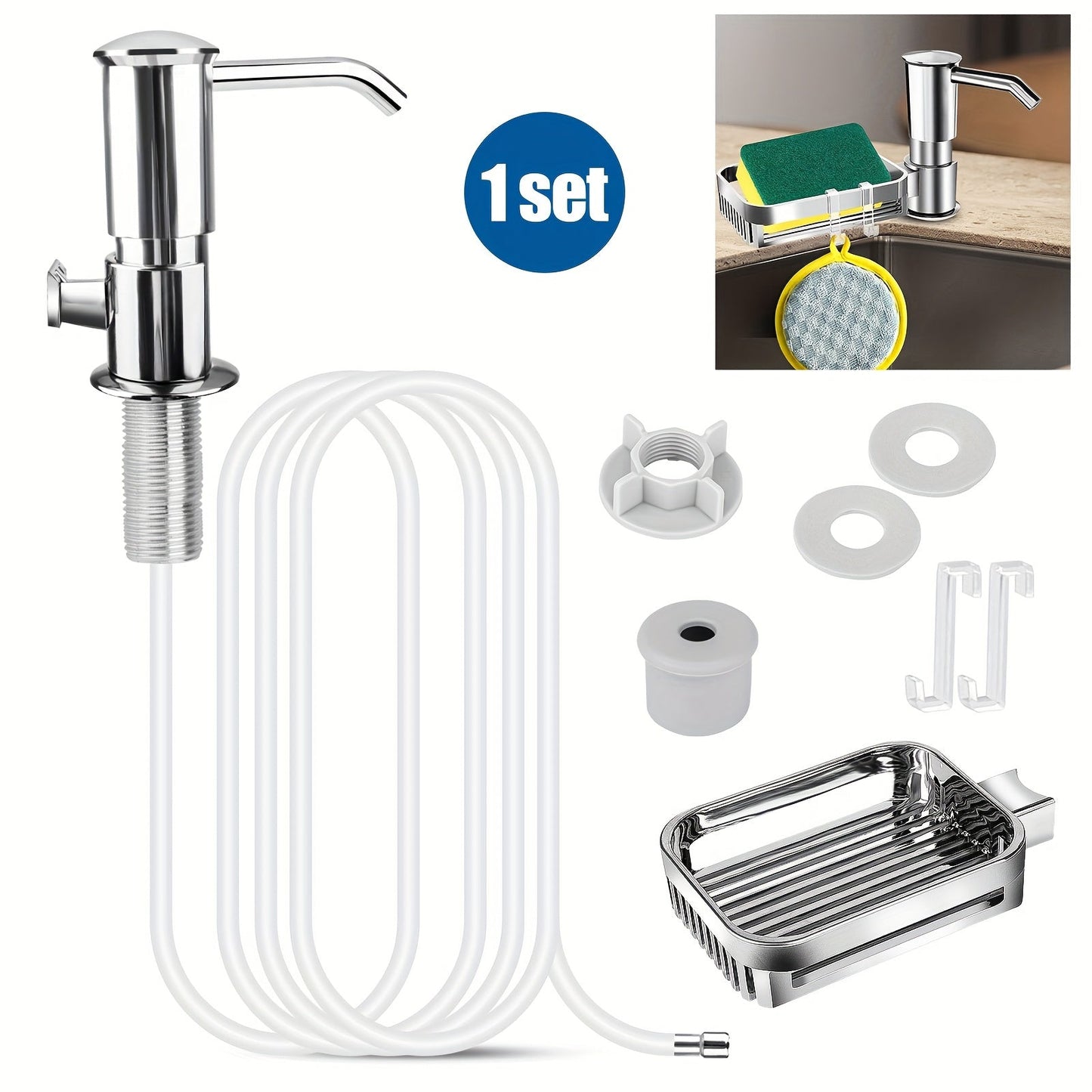 Counter-Mount Soap Dispenser Set with Sponge Holder, 39-Inch Extension Tube and 24-40 mm Hole Fit