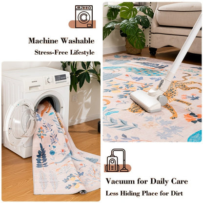 Area Rug 8x10 Ft Soft Non-Slip Machine Washable Large Floor Rug with Floral Forest Animal Patterns for Living Room Bedroom Home Decor – Durable Easy Clean Indoor Carpet