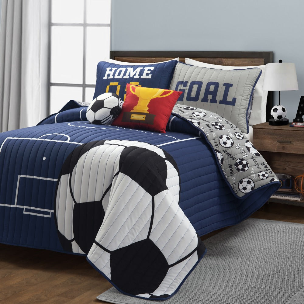 Soccer-Pattern Quilt Bedding Set in White or Navy with Twin and Full/Queen Checkout Size Options