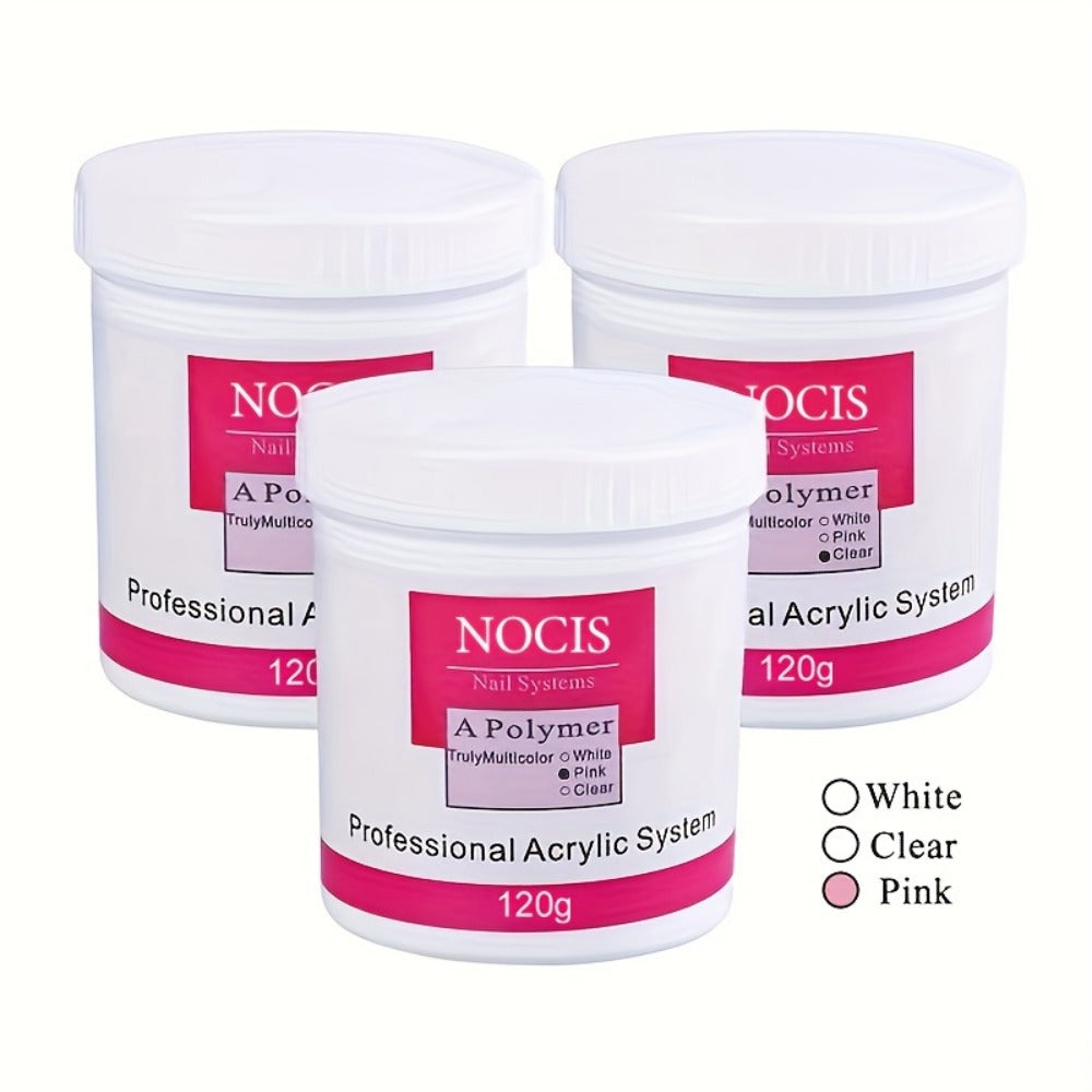NOCIS 120g Acrylic Nail Powder Jar in White, Pink or Transparent Color for Use with Compatible Acrylic Liquid