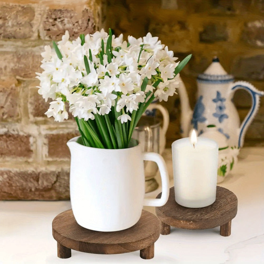 Round Wooden Display Risers, 3-Piece Rustic Pedestal Stand Set in 5, 6 and 7.7-Inch Sizes for Plants and Home Decor