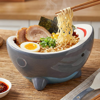 40 oz Handmade Ceramic Shark Ramen Bowl in Gray for Soup, Snacks, Fruit and Entryway Storage