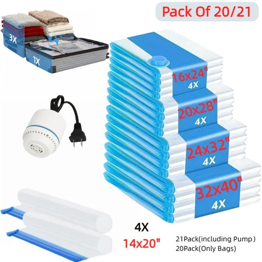 Vacuum Storage Bags with Air Pump, 20-21 Pack Reusable Compression Bags for Clothes, Quilts & Blankets — 4 Sizes Space-Saving Storage for Travel, Moving & Organizing | Transparent