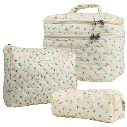 Makeup Bag – Set 3 PCS Quilted Cotton Dual Layer Large Capacity Floral Coquette Aesthetic Travel Cosmetic Bag Women Toiletry Organizer…