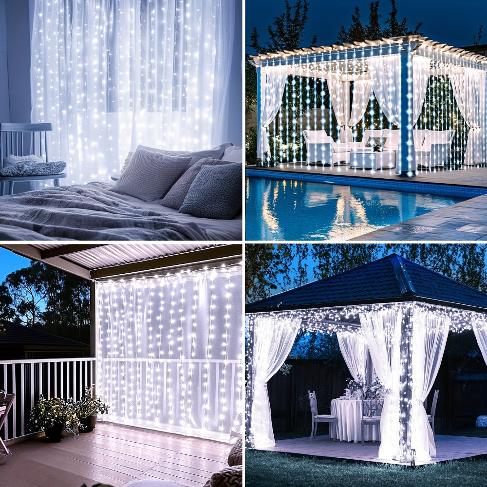Solar Curtain String Lights, 3 x 3 Meters with 300 LEDs, Remote Control and One- or Two-Pack Options