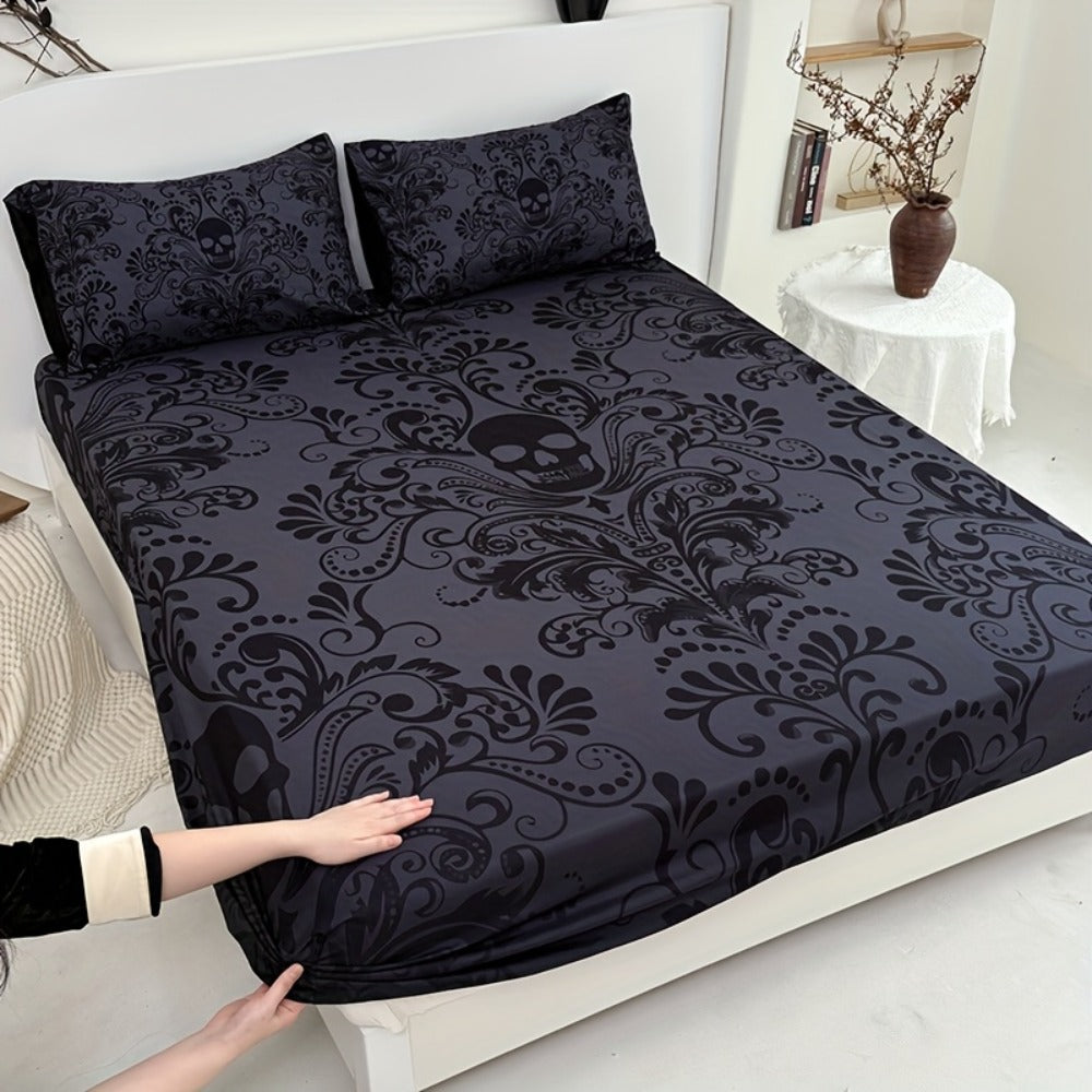 Gothic Skull Fitted Sheet Set 3-Piece – Victorian Baroque Halloween Bedding | 1 Deep Pocket Fitted Sheet + 2 Pillowcases | Machine Washable Hypoallergenic Polyester | Twin Full Queen King