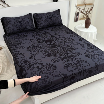 Gothic Skull Fitted Sheet Set 3-Piece – Victorian Baroque Halloween Bedding | 1 Deep Pocket Fitted Sheet + 2 Pillowcases | Machine Washable Hypoallergenic Polyester | Twin Full Queen King