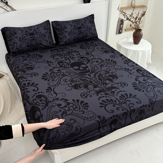 Gothic Skull Fitted Sheet Set 3-Piece – Victorian Baroque Halloween Bedding | 1 Deep Pocket Fitted Sheet + 2 Pillowcases | Machine Washable Hypoallergenic Polyester | Twin Full Queen King