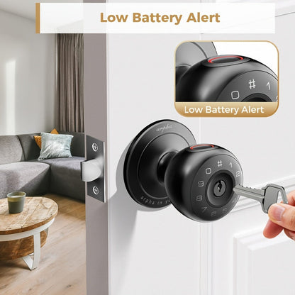 Smart Door Lock Arpha Round Knob with Fingerprint Keypad App and Mechanical Key Access in Black
