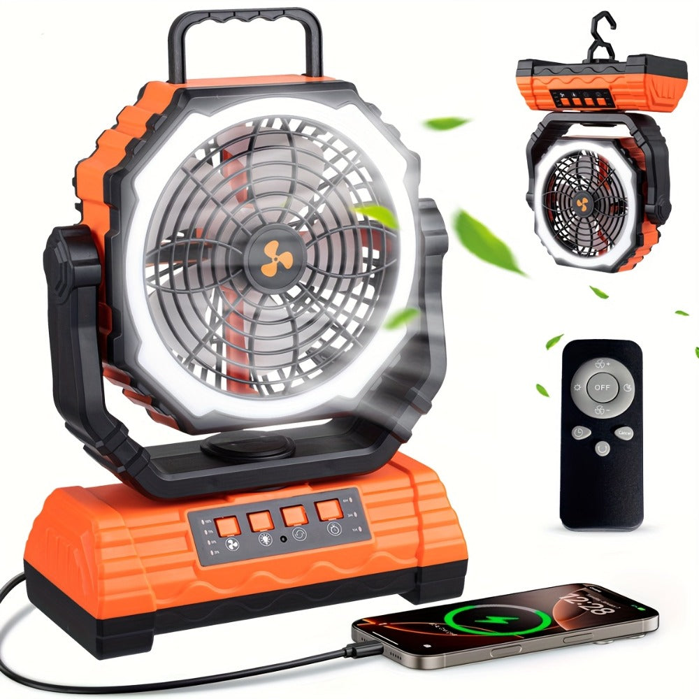 20000mAh-Label Four-Speed Dual-Motor Camping Fan with Remote, Hook and Four Lantern Panels