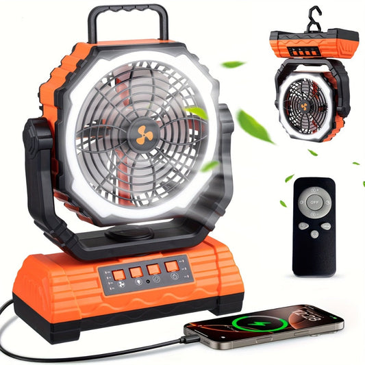 Camping Fan 20000mAh Battery Powered with 4 LED Lantern - Dual Motor 4-Speed Portable Outdoor Fan with Hook & Remote Control | Desktop Fan for Tent, Power Outage & Construction Site