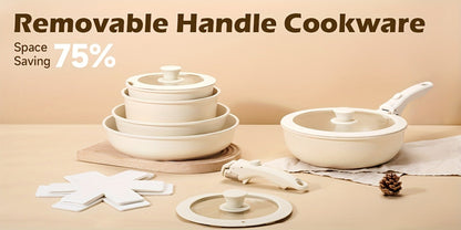 Detachable Handle Cookware Set 16 & 26 Piece Non-Stick PFOA-Free – Stackable Space-Saving Pots and Pans | Oven Safe 480°F Induction Compatible | RV Camping Kitchen Cooking Set in Black & Beige