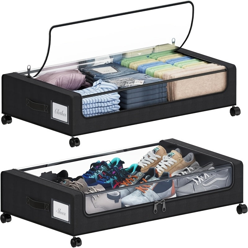 Rolling Fabric Under-Bed Storage Bins with Clear Zip Covers, Label Windows and Black or Gray Sets