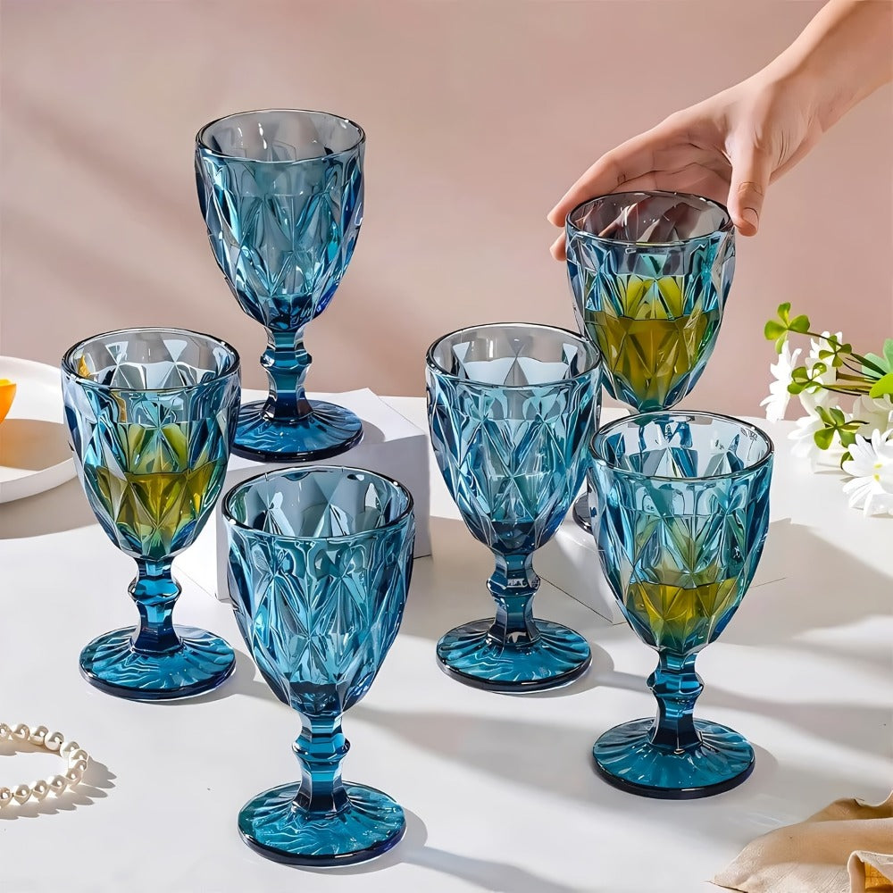 Six-Piece Diamond-Pattern Stemmed Wine Glass Set in Pink, Green or Blue Checkout Color Options