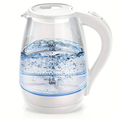 Glass Electric Kettle 1200W Borosilicate with Blue LED Glow - 57.48oz 1.7L Fast Boil BPA-Free Auto Shut-Off Boil-Dry Protection, Transparent Electric Tea Kettle for Home Office RV Camping Kitchen Gift