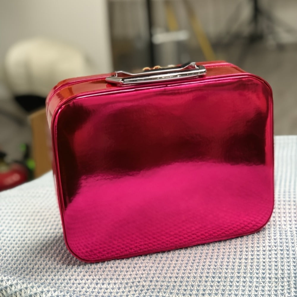 Glitter Makeup Travel Case Hard Shell Large Capacity Flat Lay Organizer Luxury Cosmetic Storage Box for Women Portable Fits in Suitcase Gold Rose Red Pink Size L Beauty Gift