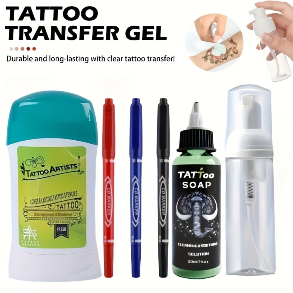 Tattoo Transfer Kit Complete Set with Ink Gel Green Soap Solution & Stencil Markers — Beginner & Professional Temporary Tattoo Art Supplies 6 Piece & 12 Piece Travel Friendly