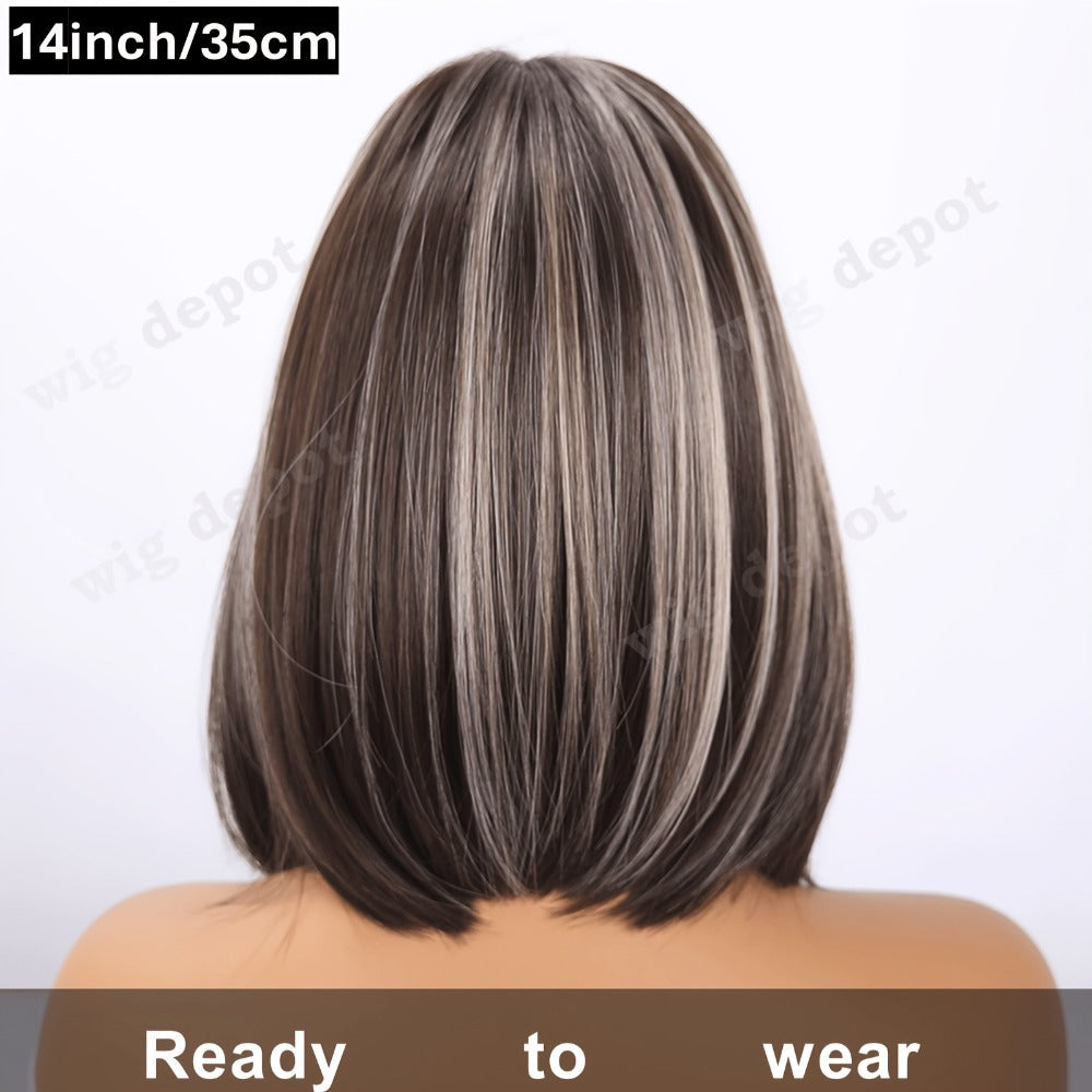 U Part Lace Front Bob Wig 4x1 Glueless Rose Net Cap Middle Part Natural Hairline Synthetic Wig for Women 14 Inch Brown Highlights Milky White Black Pink