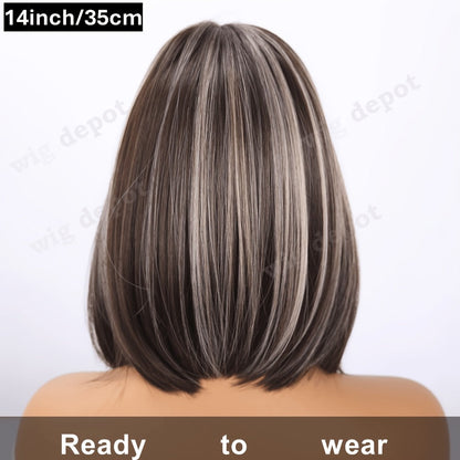 U Part Lace Front Bob Wig 4x1 Glueless Rose Net Cap Middle Part Natural Hairline Synthetic Wig for Women 14 Inch Brown Highlights Milky White Black Pink
