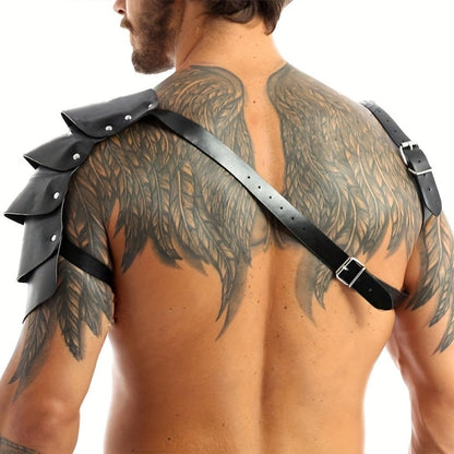 PU Leather Shoulder Armor Warrior Costume Prop with Belt for Men, Single Pauldron Medieval Knight Armor Dress Up Accessory for Halloween Cosplay LARP Renaissance Faire, Black