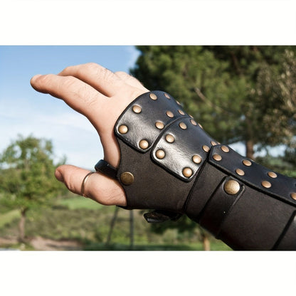 Riveted Costume Forearm Guard in Brown, Black or Coffee with Finger Loop and Buckled Strap Details
