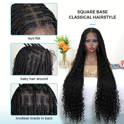 Extra-Long Black Box-Braid Wig with Curly Ends, Lace Cap and 48-Inch Checkout Length for Styling