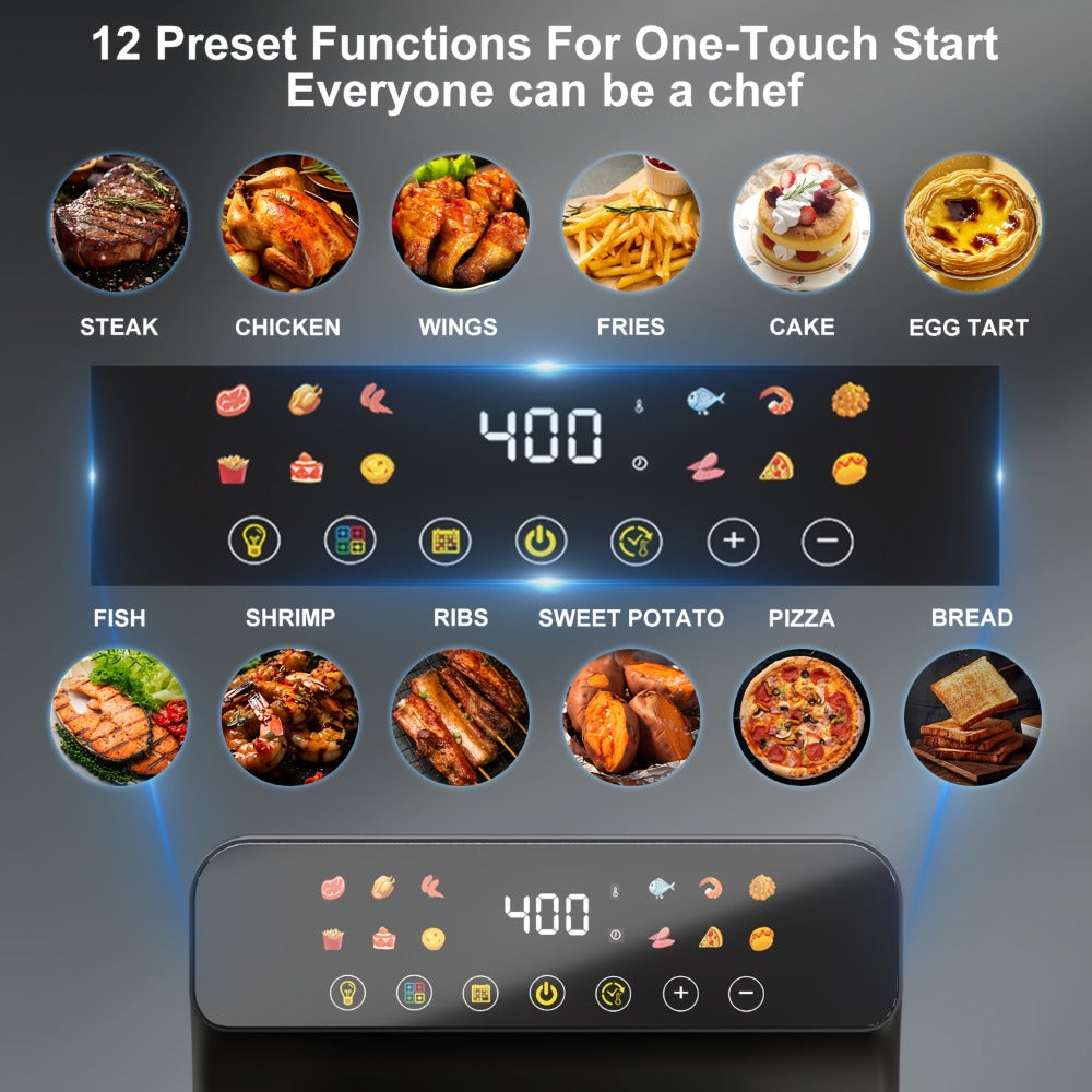 Air Fryer Toaster Oven Combo Extra Large – 12-Quart Countertop Convection Oven with Digital Touchscreen, 12 Preset Functions, Baking, Roasting & Reheating, Family-Sized Meals, Black