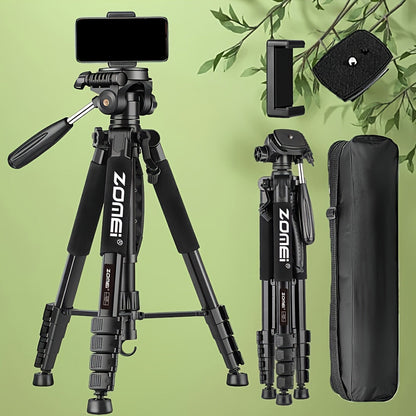 65-Inch Aluminum Camera Tripod with Three-Way Pan Head, Quick-Release Plate, Phone Clip, Carry Bag and Four Colors