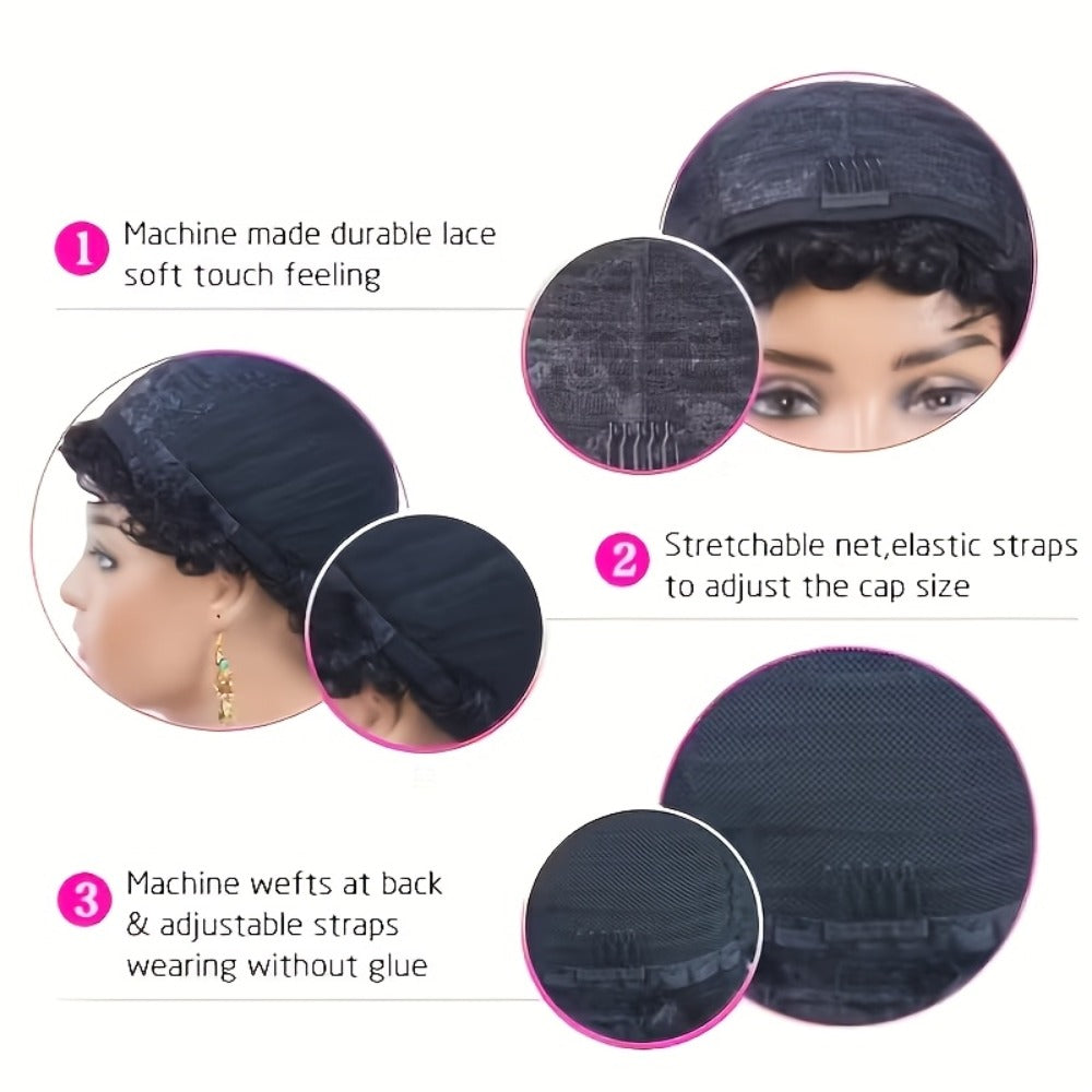 6-Inch Pixie Cut Human Hair Wig with Full Bangs, 180% Density and Black or Burgundy Color Selections