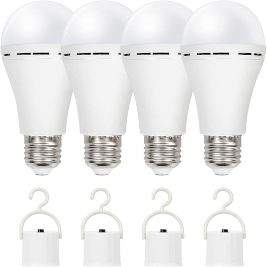 Rechargeable Emergency LED Light Bulb 12W 6500K 2000mAh with Polished Metal Finish – Spherical Design Half-Flip Installation Backup Battery Bulb for Camping Hiking Indoor Outdoor Power Outage, 4 Pack