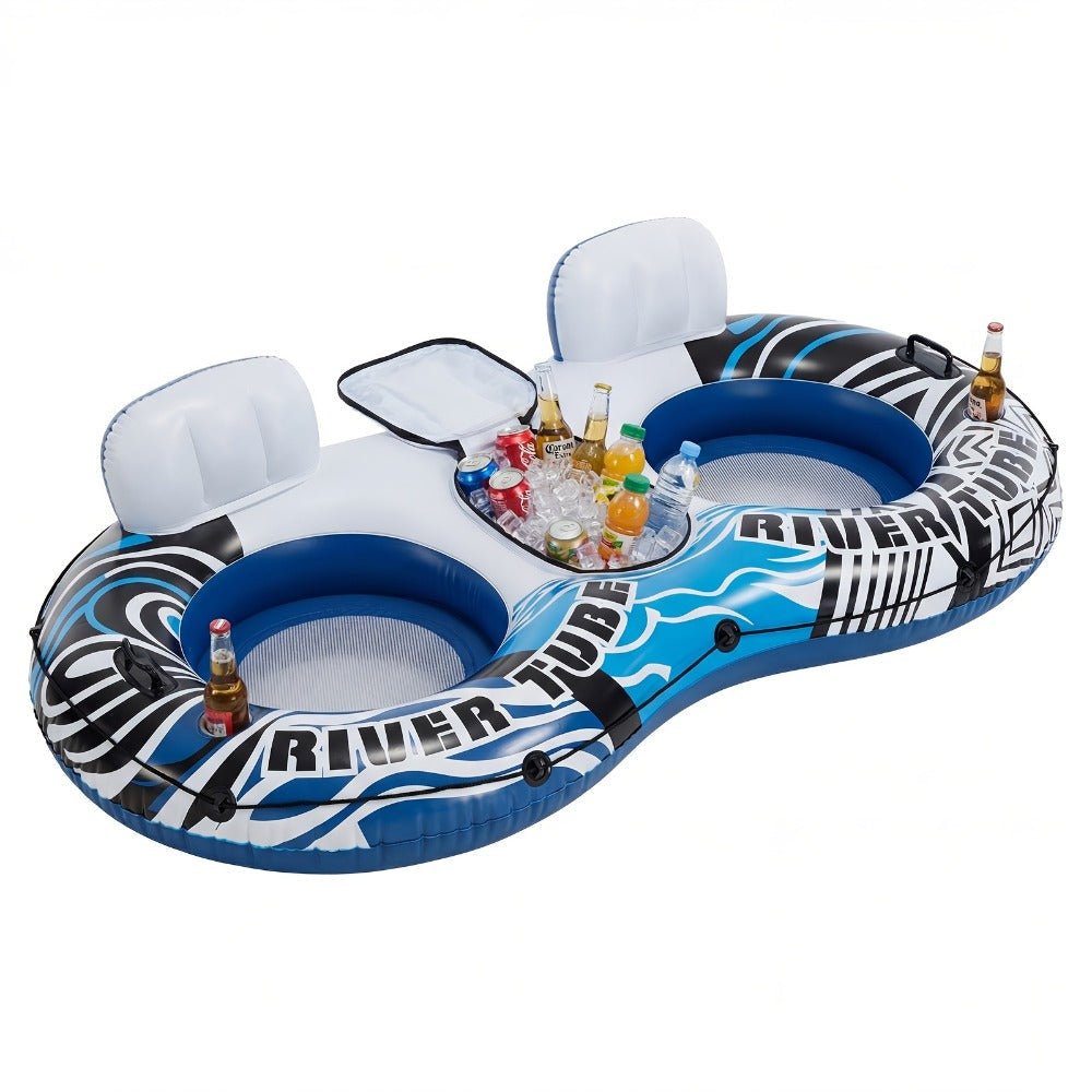 Inflatable Pool Float Bed with Detachable Cooler – Heavy Duty Double Adult Lounge Raft with Cup Holders for Swimming Pool, River & Lake, Durable Blow Up Water Lounger Chair, Blue & Green / Blue & White