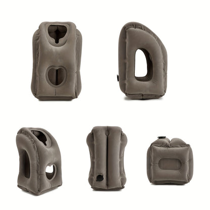 Inflatable Upright Travel Pillow with Face and Side Openings, Carry Bag and Blue, Black or Gray Color Options