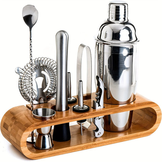 Bartender Set 10-Piece Stainless Steel Cocktail Shaker Bar Tool Kit with Bamboo Stand Home Bar Accessories Housewarming Father's Day Gift