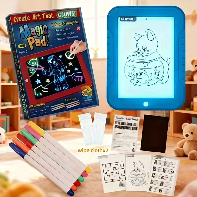 Magic LED Drawing Board for Kids with 15 Double-Sided Tracing Cards & 6 Washable Markers – Light Up Luminous Art Board for Boys & Girls Ages 3-8 | STEM Learning Toy | Perfect Christmas & Birthday Gift