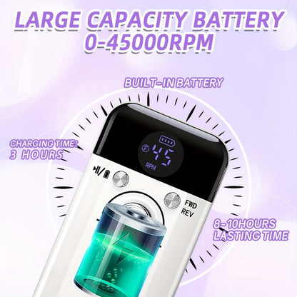 45000RPM Electric Nail Drill Machine Rechargeable Cordless with LCD Display Professional Nail File Drill for Acrylic Gel Nails Cuticle Removal Manicure Pedicure Polisher Home Salon Women Pink White
