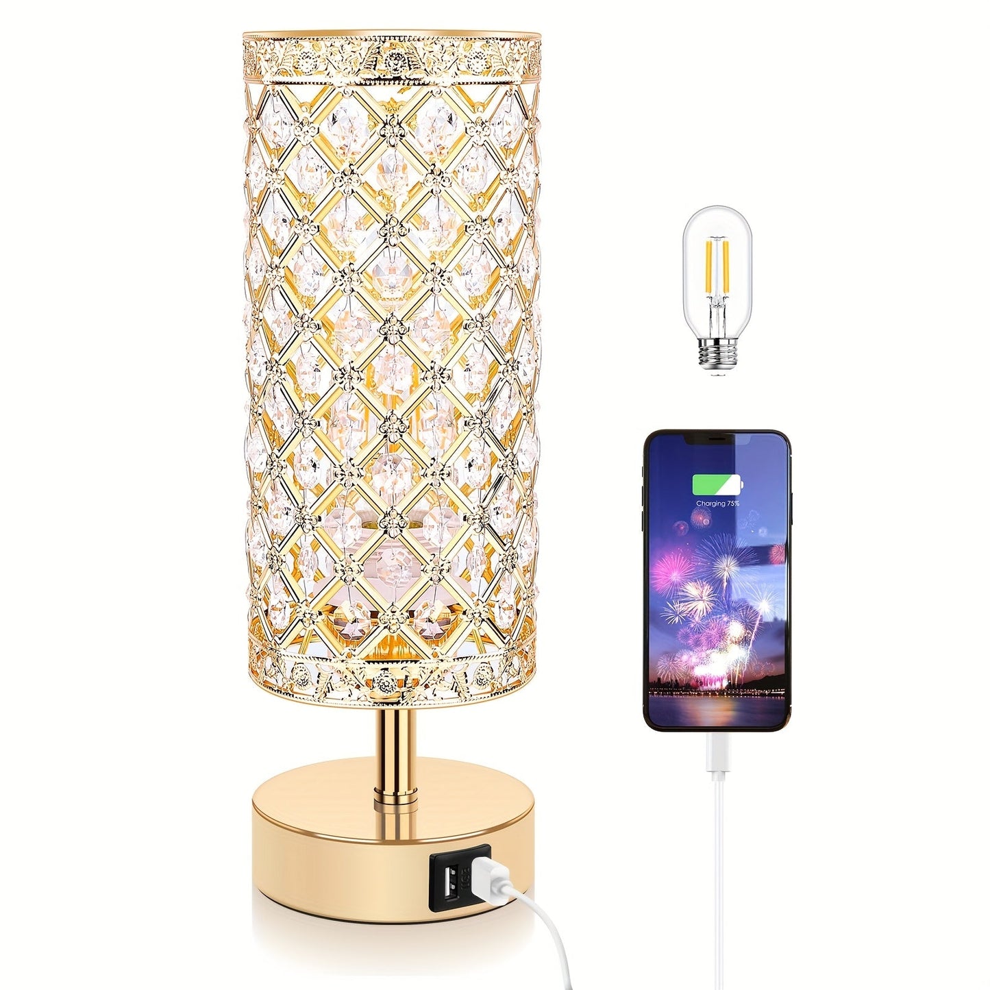 Crystal Bedside Table Lamp with Touch Control & 2 USB Charging Ports, 3-Way Dimmable Nightstand Lamp with Decorative Crystal Base, LED Bulb Included, for Bedroom Living Room Office