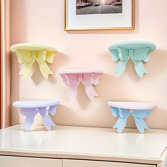 Floating Wooden Wall Shelf with Bow Design - Wall-Mounted Storage Rack for Bathroom Kitchen Living Room Bedroom Decor