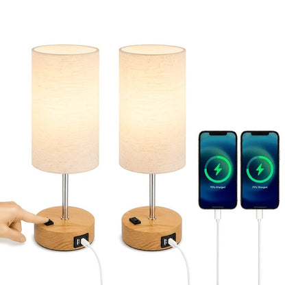 Dimmable Table Lamp with USB Charging Ports & AC Outlet - 3-Way Touch Control Bedside Nightstand Lamp, 6W LED Bulb Included, Wood & Metal Base, Modern Desk Light for Bedroom, Living Room & Office (1 or 2 Pack)