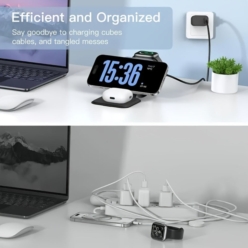Wireless Charging Station, T11 Foldable 3-in-1 15W Travel Pad in Black for iPhone, Apple Watch and AirPods