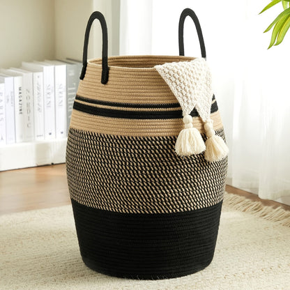 Tall Bohemian Rope Laundry Hamper with Extended Handles, Tassel Detail and Exact Black-and-Brown Option