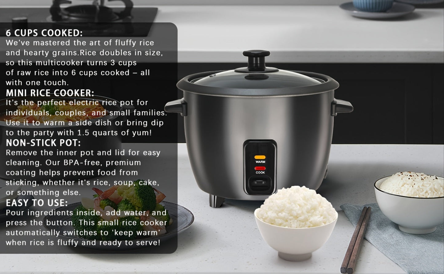 Three-Cup Uncooked / Six-Cup Cooked Rice Cooker with One-Touch Cook and Warm Modes, Inner Pot and Accessories