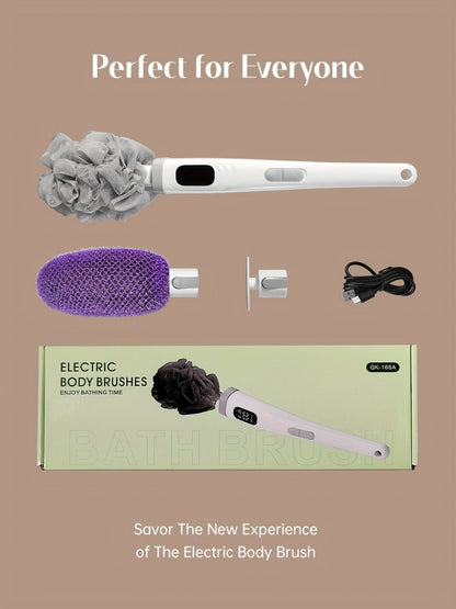 Electric Body Scrubber Brush 3 Replaceable Heads Dual Speed Shower Back Cleaner Exfoliating Skin Cleansing Massage African Bath Sponge Long Handle for Women Men Home Spa Daily Use