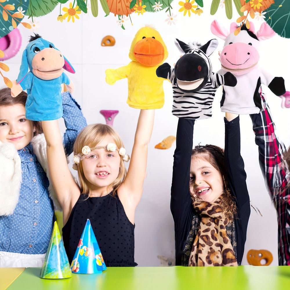 Four-Piece Animal Hand Puppet Set with Blue Donkey, Yellow Duck, Zebra and Pink Cow Designs